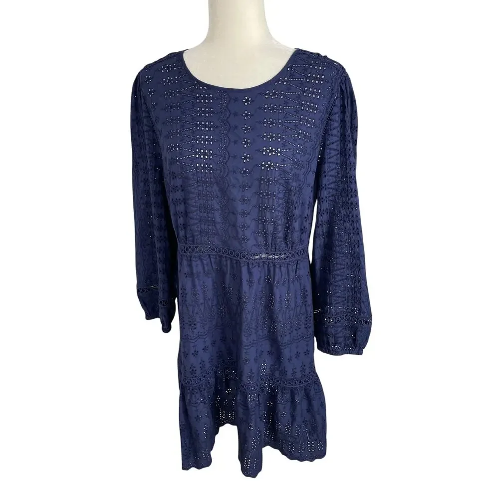 J. Crew Cotton Eyelet Lace Flutter Hem Dress Navy Blue Sz 12 Boho Chic Romantic
